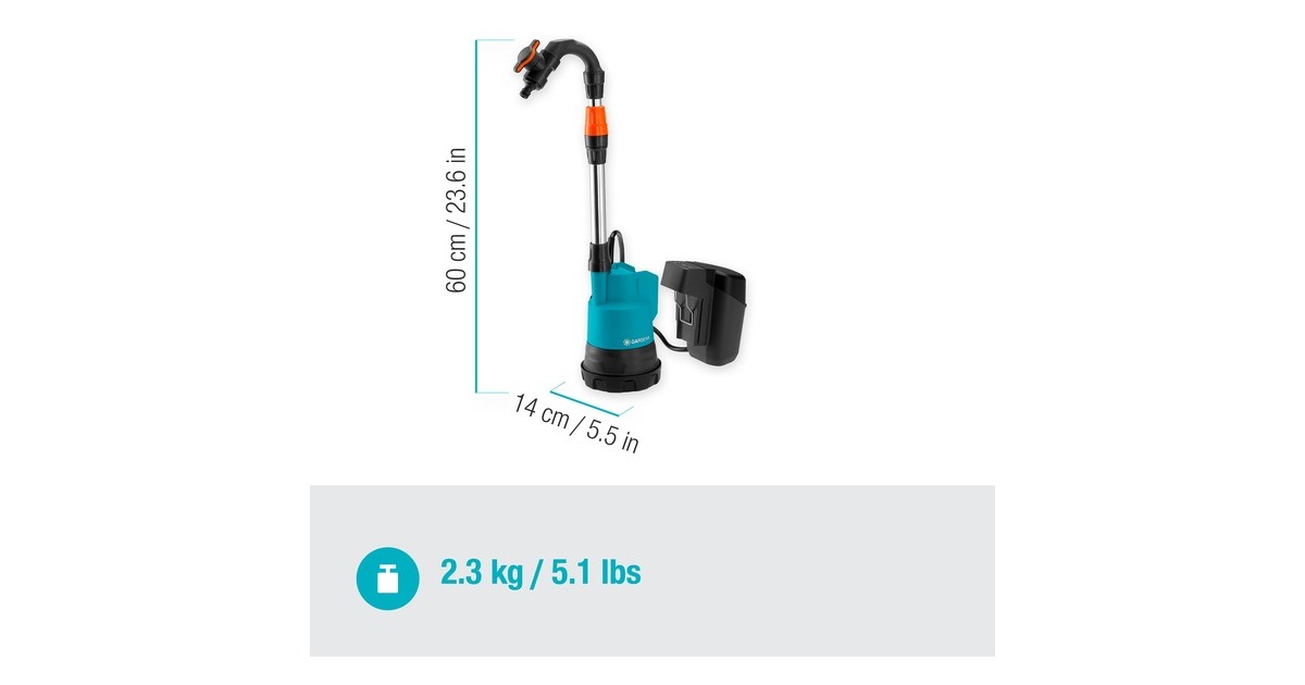 GARDENA Akku-Regenfasspumpe 2000/2 18V P4A solo, Tauch- / Druckpumpe(türkis/grau, ohne Akku und Ladegerät, POWER FOR ALL ALLIANCE)