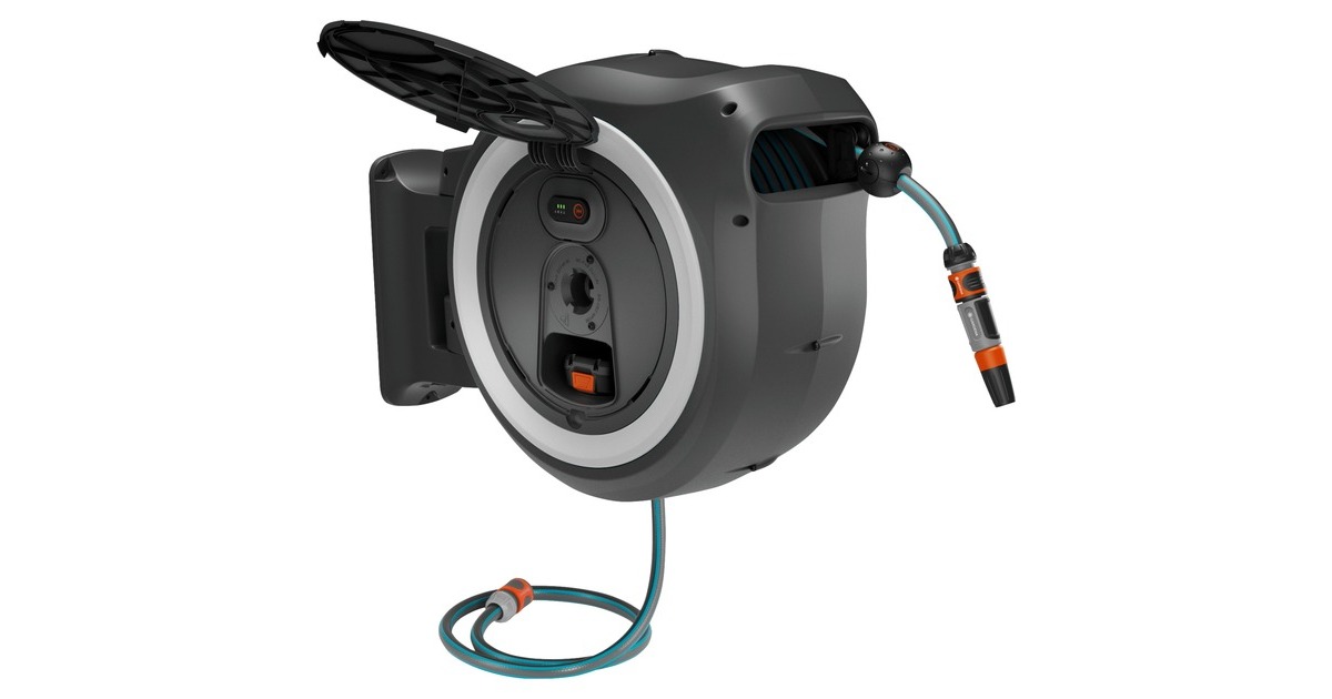 GARDENA Akku-Wand-Schlauchbox PowerRoll XXL 18V P4A, 40 Meter, Schlauchtrommel(grau/weiß, Li-Ion Akku 2,5Ah, POWER FOR ALL ALLIANCE)