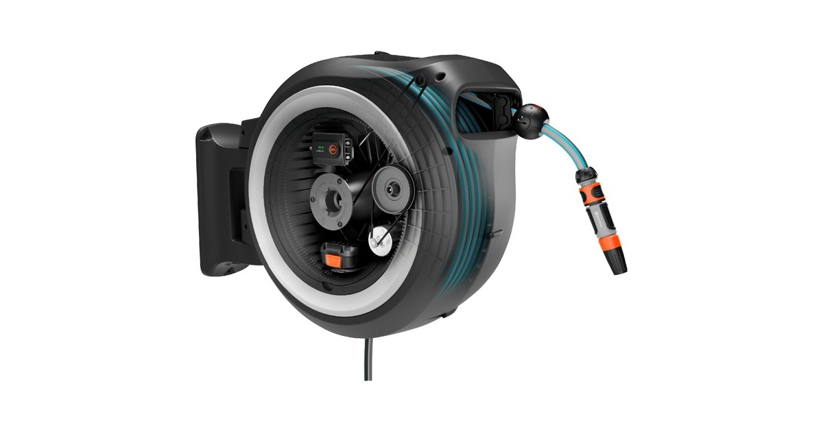 GARDENA Akku-Wand-Schlauchbox PowerRoll XXL 18V P4A, 40 Meter, Schlauchtrommel(grau/weiß, Li-Ion Akku 2,5Ah, POWER FOR ALL ALLIANCE)