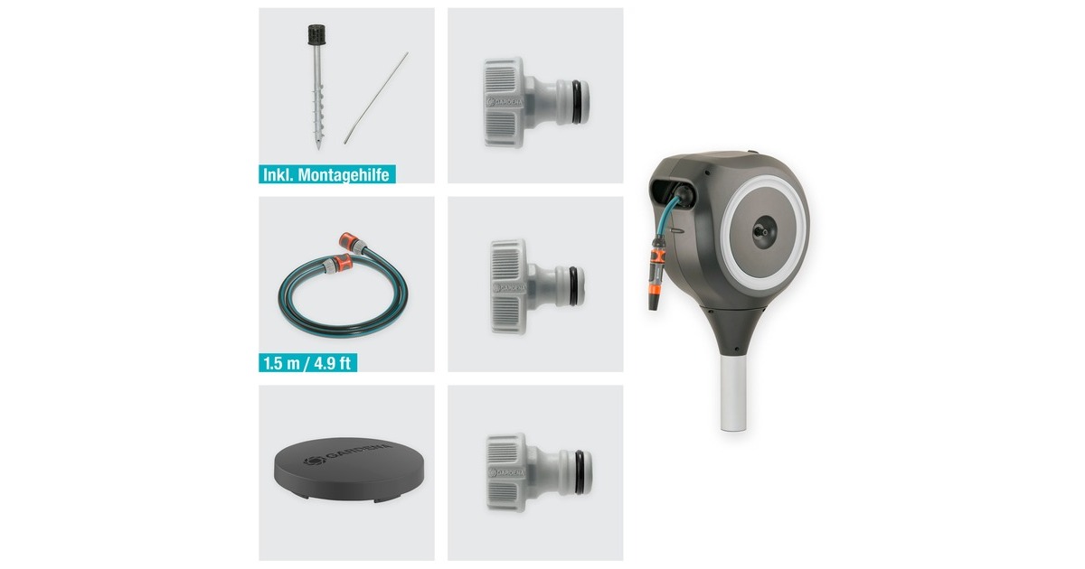 GARDENA Garten-Schlauchbox RollUp M, 20 Meter, Schlauchtrommel(grau, mit Erdspieß)