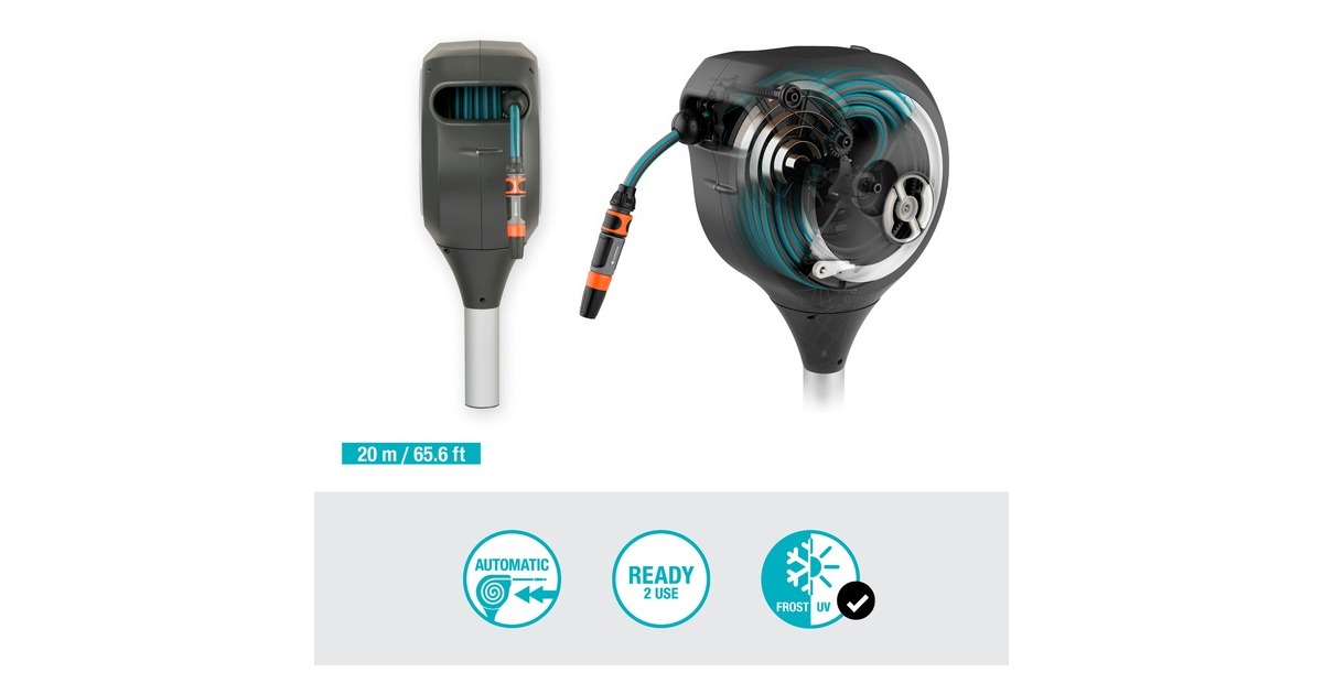 GARDENA Garten-Schlauchbox RollUp M, 20 Meter, Schlauchtrommel(grau, mit Erdspieß)