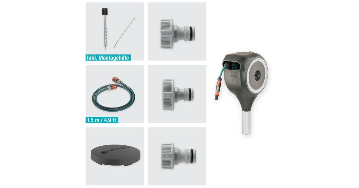 GARDENA Garten-Schlauchbox RollUp S, 15 Meter, Schlauchtrommel(grau, mit Erdspieß)