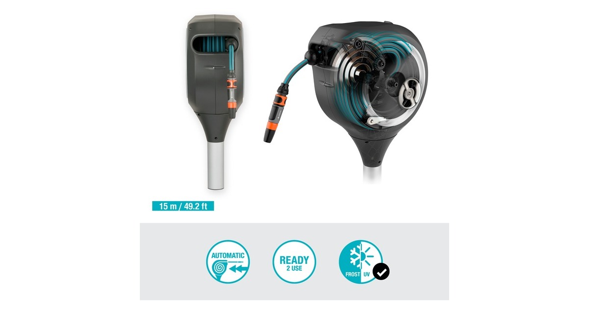 GARDENA Garten-Schlauchbox RollUp S, 15 Meter, Schlauchtrommel(grau, mit Erdspieß)