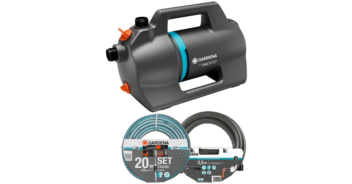 GARDENA Gartenpumpe 4100 Silent Set(dunkelgrau/türkis, 550 Watt, Modell 2023)