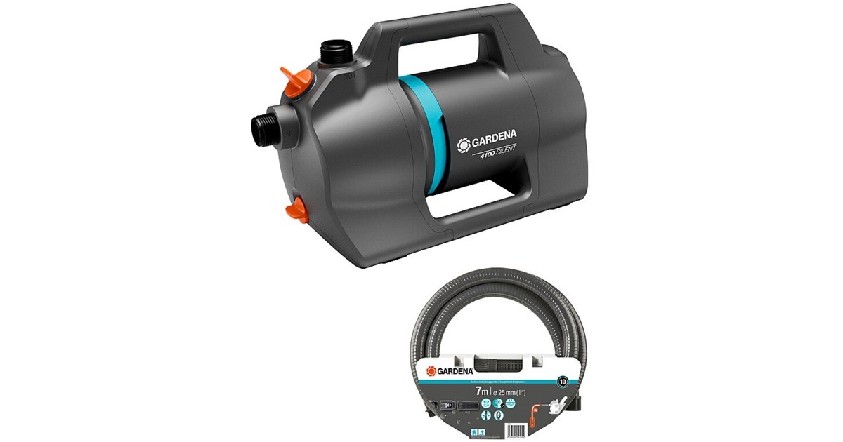 GARDENA Gartenpumpe 4100 Silent, Saugschlauch-Set(dunkelgrau/türkis, 550 Watt, Modell 2023)