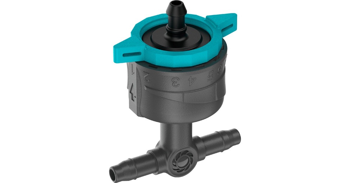 GARDENA Micro-Drip-System Regulierbarer Reihentropfer 1-8 l/h, druckkompensierend(schwarz/türkis, 5 Stück, Modell 2023)