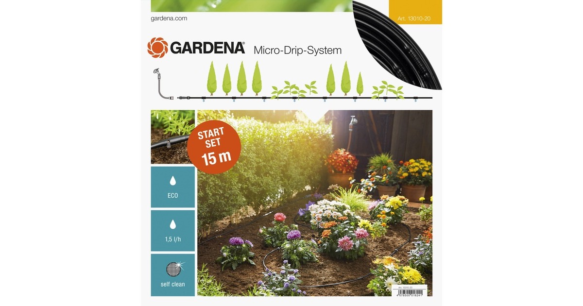 GARDENA Micro-Drip-System Start-Set Pflanzreihen S, Tropfsystem(schwarz, 15 Meter)