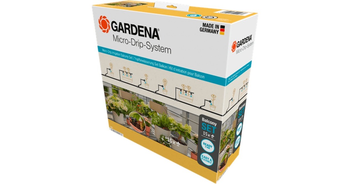 GARDENA Micro-Drip-System Tropfbewässerung Set Balkon, 15 Pflanzen, Tropfer(schwarz/grau, Modell 2023)