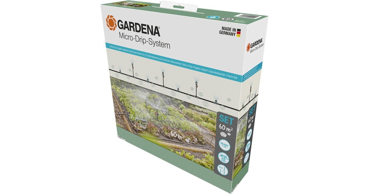 GARDENA Micro-Drip-System Tropfbewässerung Set Gemüse-/Blumenbeet 60m², Tropfer(schwarz/grau, Modell 2023)