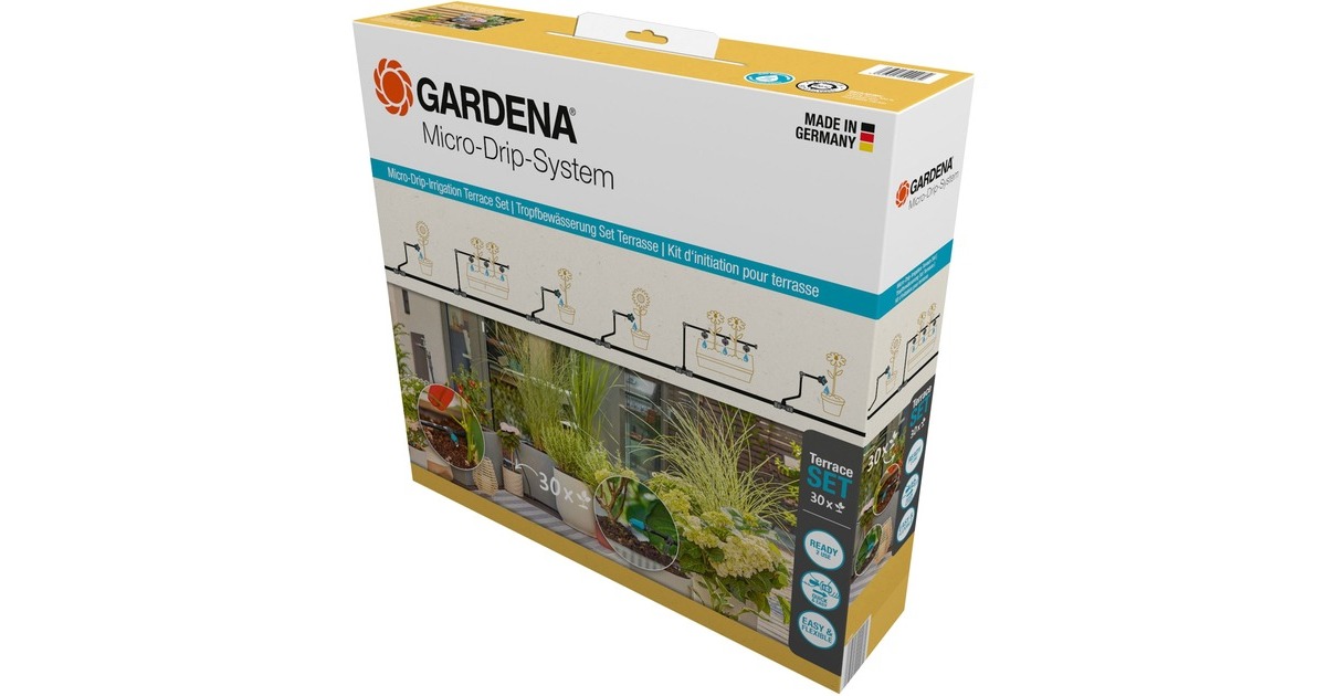GARDENA Micro-Drip-System Tropfbewässerung Set Terrasse, 30 Pflanzen, Tropfer(schwarz/grau, Modell 2023)