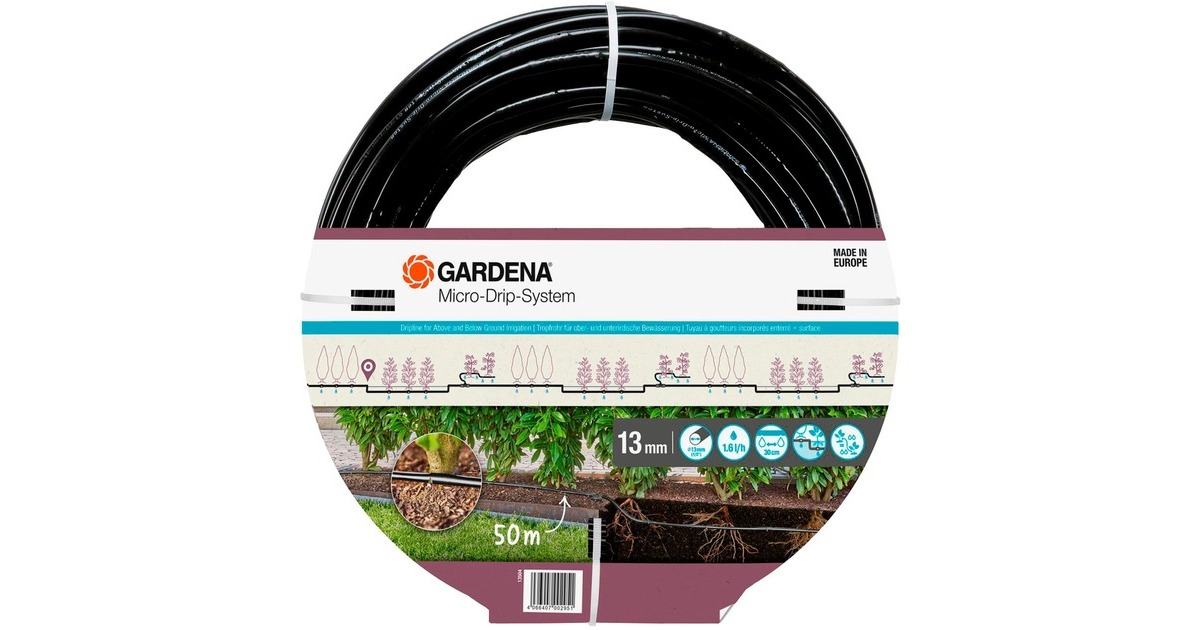 GARDENA Micro-Drip-System Tropfrohr für Büsche/Hecken 1,6 l/h, 50 Meter, Tropfer(schwarz, Modell 2023, ober- und unterirdisch)