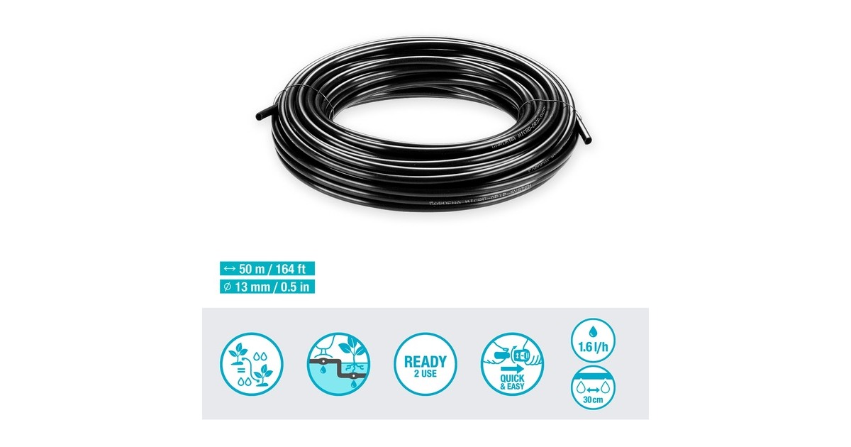 GARDENA Micro-Drip-System Tropfrohr für Büsche/Hecken 1,6 l/h, 50 Meter, Tropfer(schwarz, Modell 2023, ober- und unterirdisch)