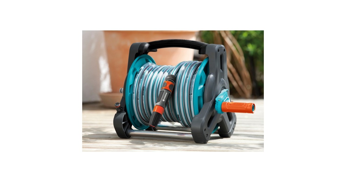 GARDENA Schlauchtrommel Classic 10 Set, mit Schlauch(grau/türkis, 10 Meter, mit Systemteilen und Spritze)