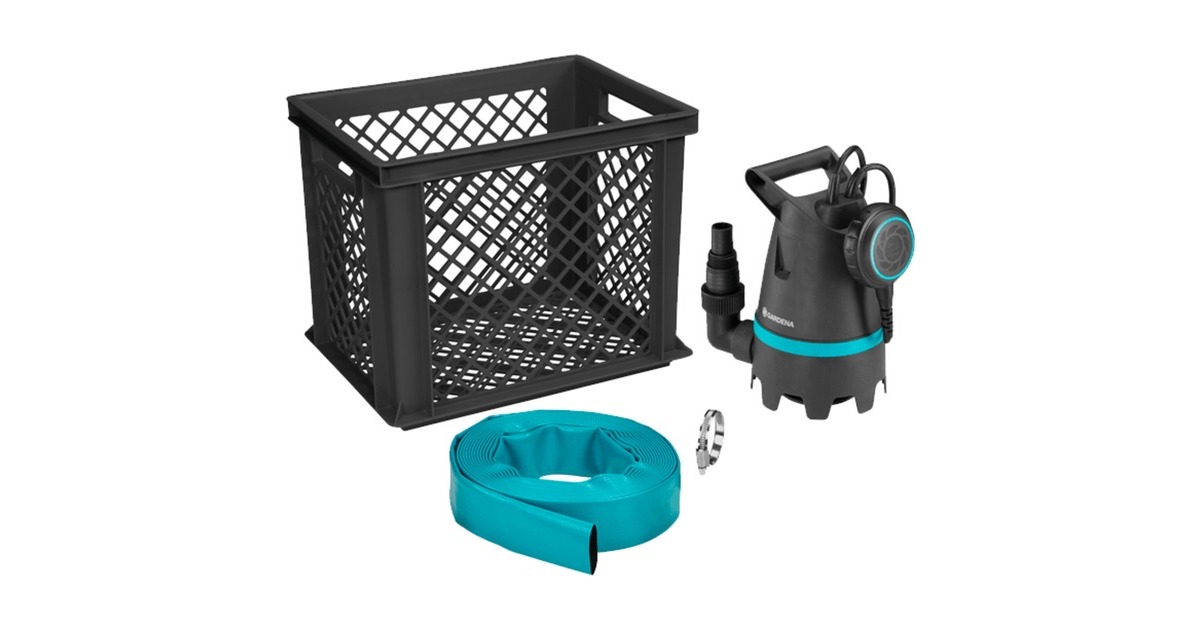 GARDENA Schmutzwasser-Tauchpumpe 10500 BASIC, Hochwasser-Set, Tauch- / Druckpumpe(schwarz/türkis, 400 Watt, inkl. Schlauch-Anschluss, Aufbewahrungsbox)