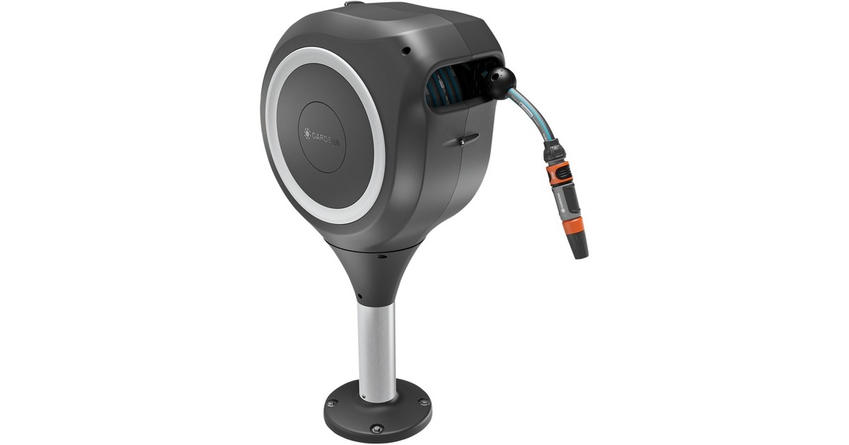 GARDENA Terrassen-Schlauchbox RollUp M, 20 Meter, Schlauchtrommel(grau/weiß, inkl. Reinigungsspritze)