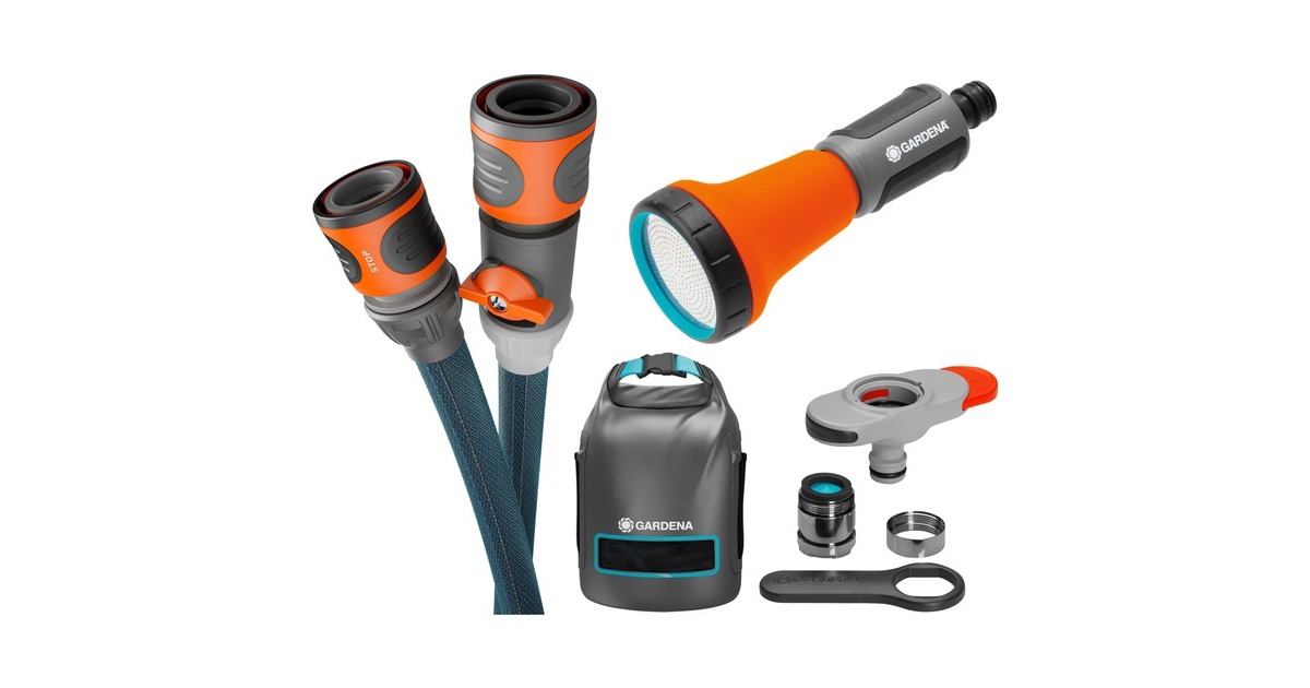 GARDENA Textilschlauch Liano Xtreme 1/2", 10 Meter Set + Indoor-Adapter + Tasche(dunkelgrau/orange, Modell 2023, inkl. Bewässerungsbrause, Regulierventil)