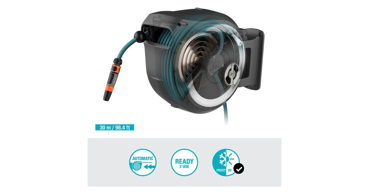 GARDENA Wand-Schlauchbox RollUp L, 30 Meter, Schlauchtrommel(grau)