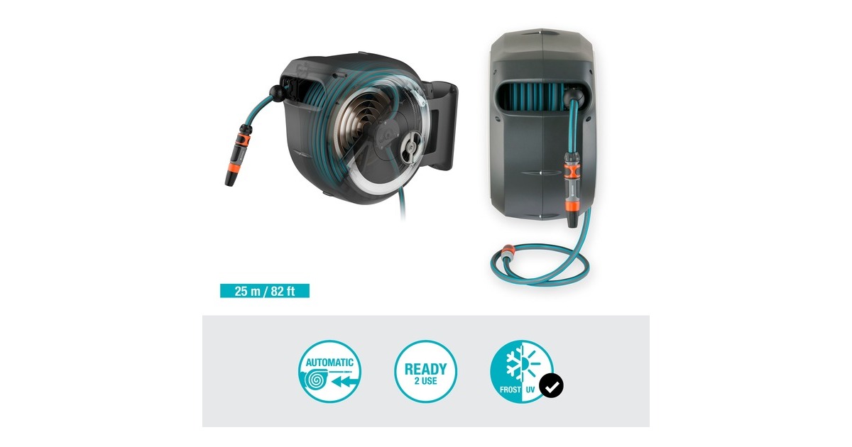 GARDENA Wand-Schlauchbox RollUp M/L, 25 Meter, Schlauchtrommel(grau)