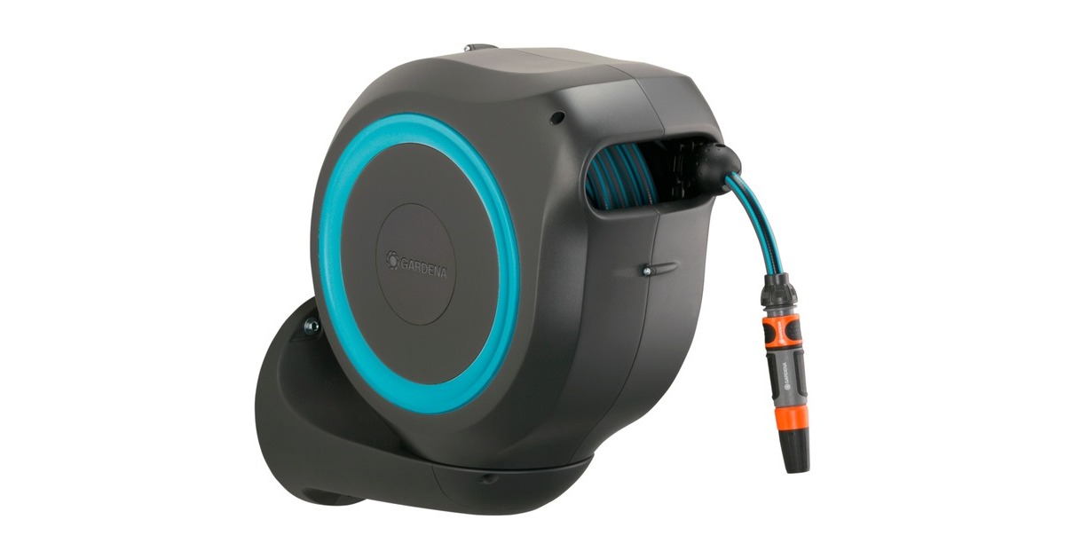 GARDENA Wand-Schlauchbox RollUp M, 20 Meter, Schlauchtrommel(grau/türkis)