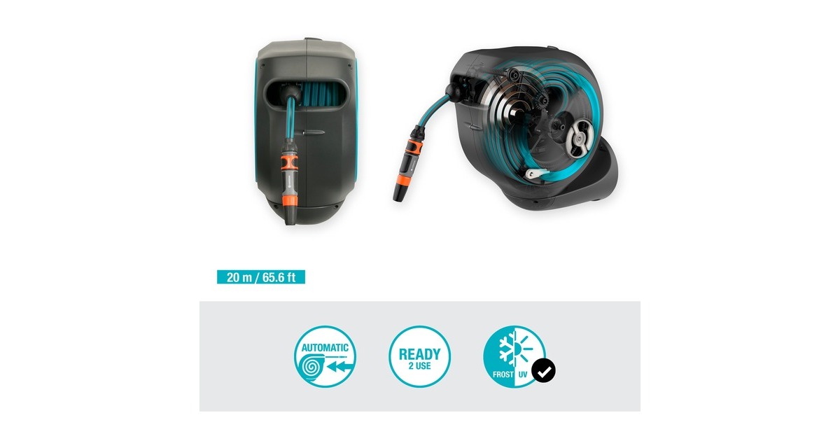GARDENA Wand-Schlauchbox RollUp M, 20 Meter, Schlauchtrommel(grau/türkis)