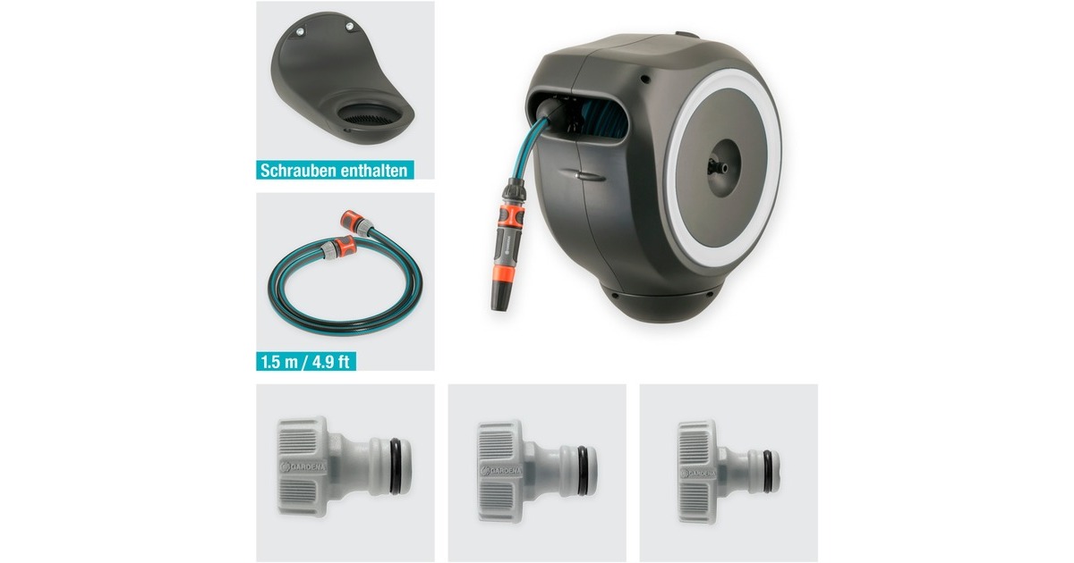 GARDENA Wand-Schlauchbox RollUp S, 15 Meter, Schlauchtrommel(grau)
