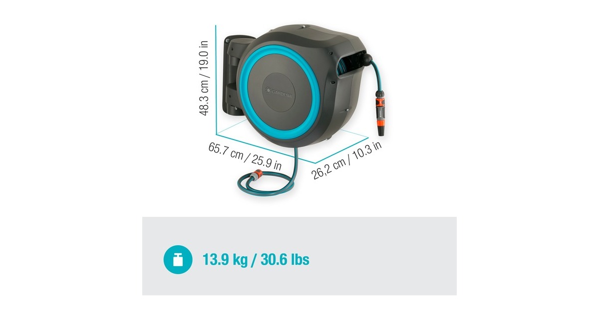 GARDENA Wand-Schlauchbox RollUp XL, 35 Meter, Schlauchtrommel(grau/türkis)