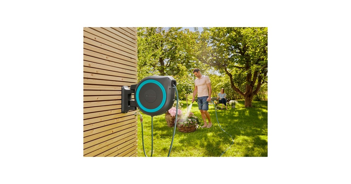 GARDENA Wand-Schlauchbox RollUp XL, 35 Meter, Schlauchtrommel(grau/türkis)