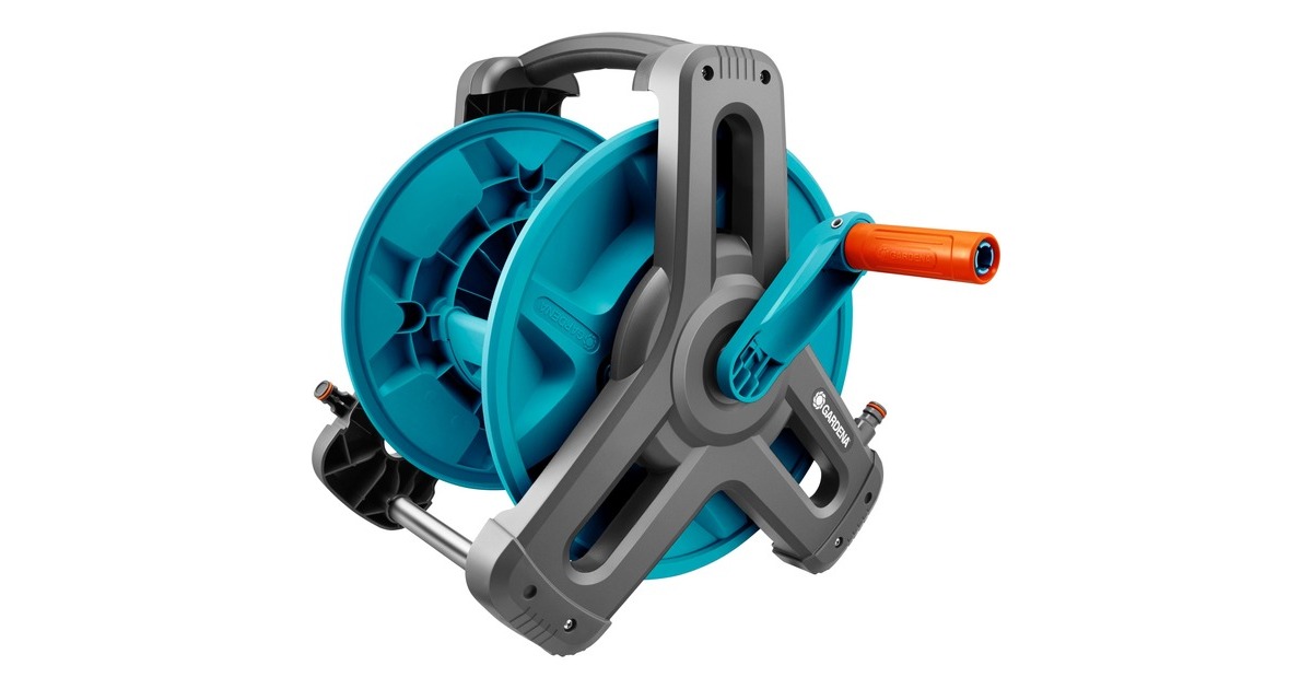 GARDENA Wand-Schlauchtrommel Classic 50 Set, mit Schlauch(grau/türkis, 20 Meter, mit Systemteilen und Spritze)
