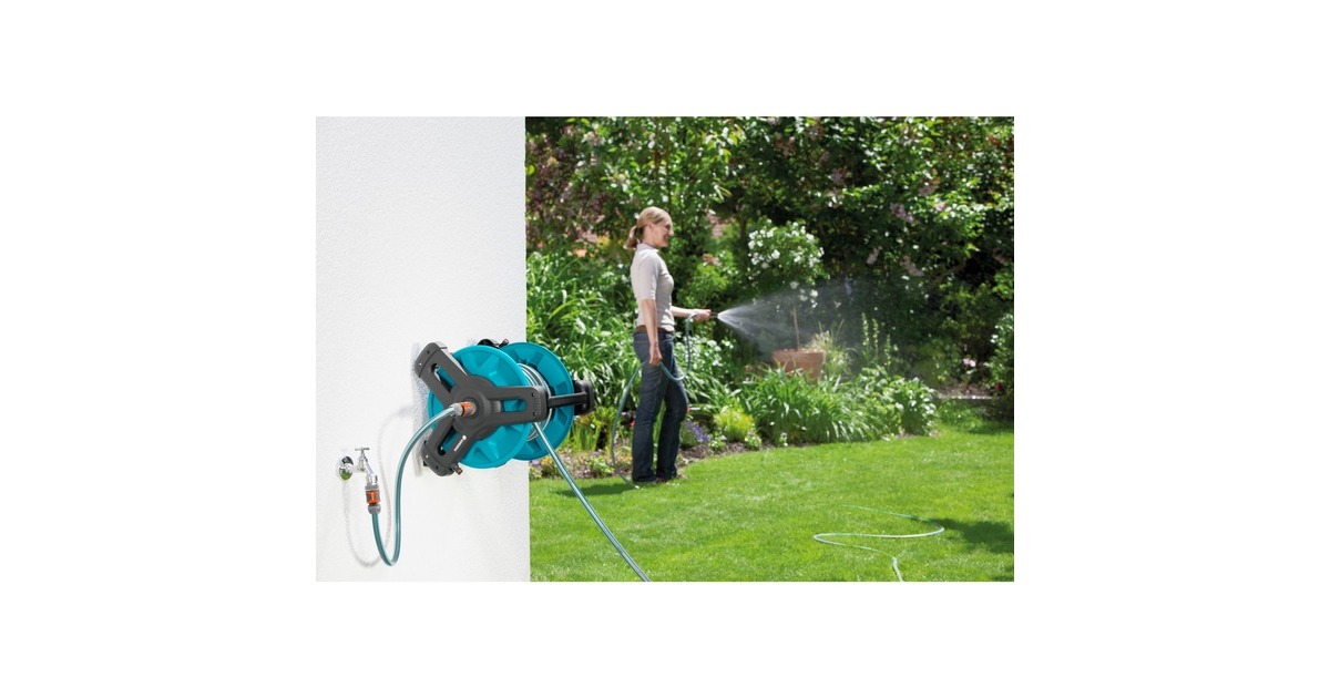 GARDENA Wand-Schlauchtrommel Classic 50 Set, mit Schlauch(grau/türkis, 20 Meter, mit Systemteilen und Spritze)