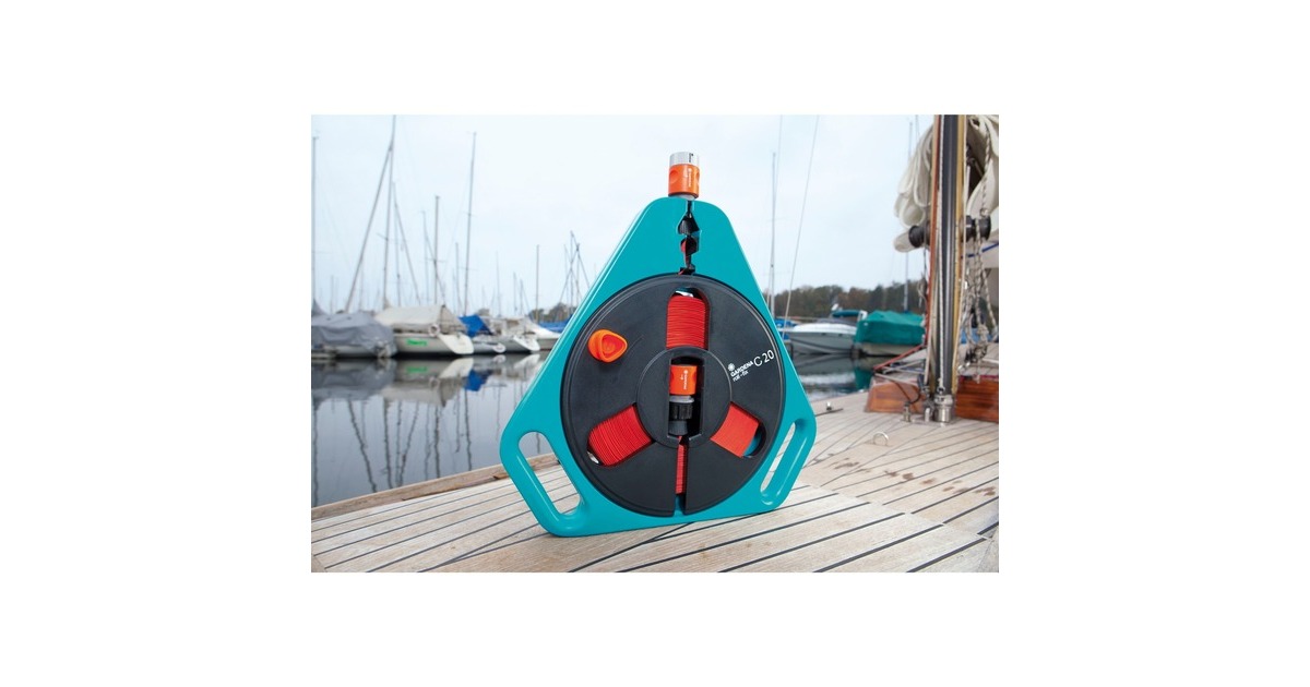 GARDENA roll-fix-Flachschlauch 20 mit Kassette Classic, Schlauchtrommel(türkis/orange, 20 Meter, mit Anschlüssen)