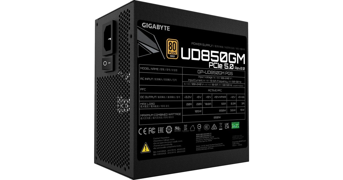 GIGABYTE GP-UD850GM PG5 850W rev.2.0, PC-Netzteil(schwarz, 3x PCIe, Kabel-Management, 850 Watt)