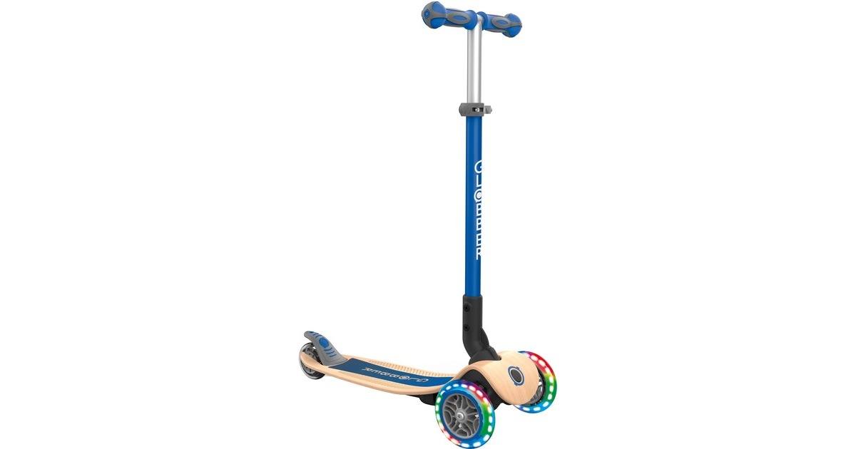GLOBBER Primo Wood mit Leuchtrollen, Scooter(blau/holz)