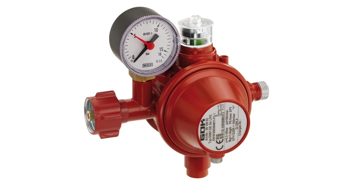 GOK Gasdruckregler EN61-DS 1,5kg/h SBS, Regulierventil(rot, mit Manometer)