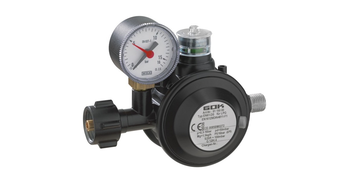 GOK Gasdruckregler EN61-DS PRO 1,5kg/h, Regulierventil(schwarz, mit Manometer)