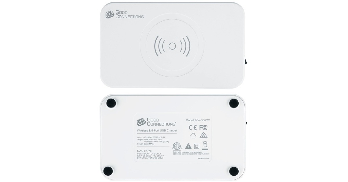 Good Connections USB-Desktop-Ladestation 60 Watt, 5-Port(weiß, 10W Qi Wireless Charging, USB-A, USB-C)