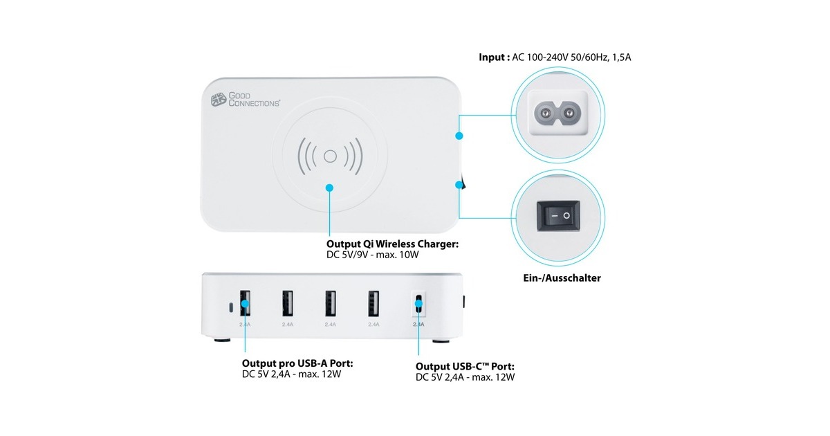 Good Connections USB-Desktop-Ladestation 60 Watt, 5-Port(weiß, 10W Qi Wireless Charging, USB-A, USB-C)