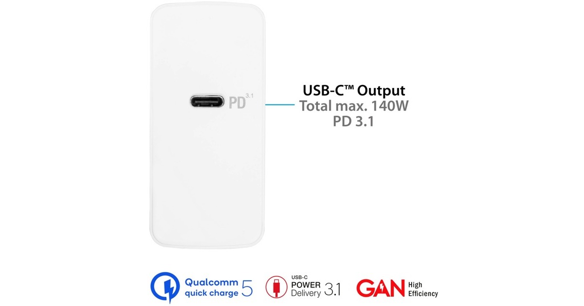 Good Connections USB-Schnellladegerät 140 Watt, 1-Port(weiß, GaN-Technologie, PD 3.1, QC 5, PPS)