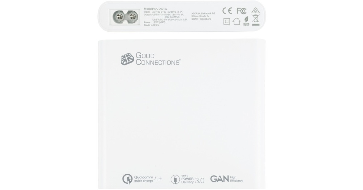 Good Connections USB-Schnellladestation, 120 Watt, 4-Port(weiß, GaN-Technologie, PD 3.0, QC 4+)
