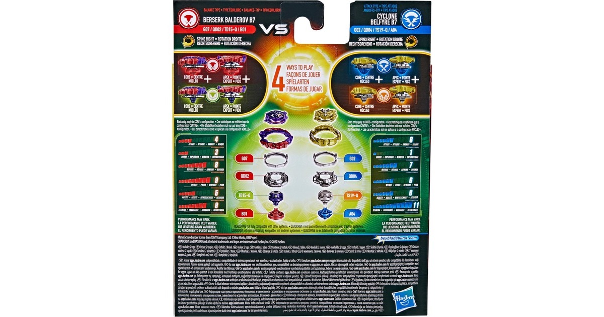 Hasbro Beyblade Burst QuadDrive Cyclone Belfyre F7 und Berserk Balderov B7, Geschicklichkeitsspiel