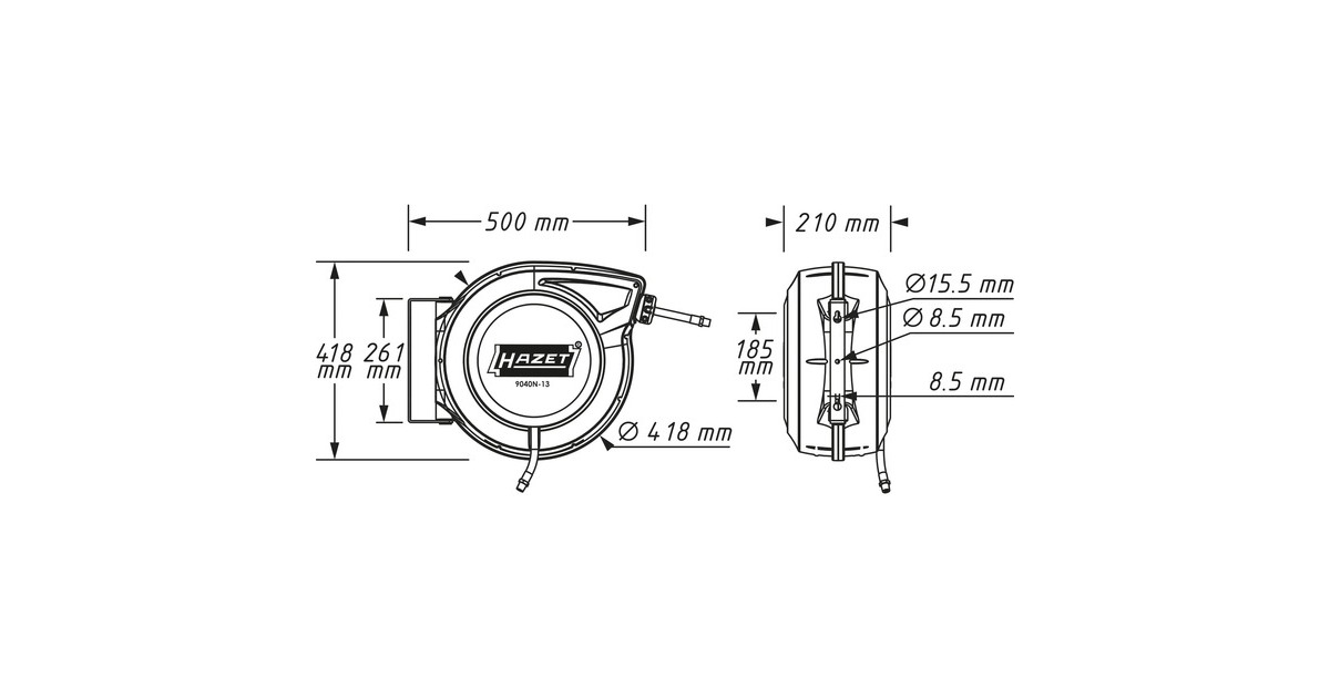 Hazet Schlauchaufroller 9040N-13, 15 Meter, Druckluftschlauch(schwarz/blau, 1 Meter Anschlussschlauch)