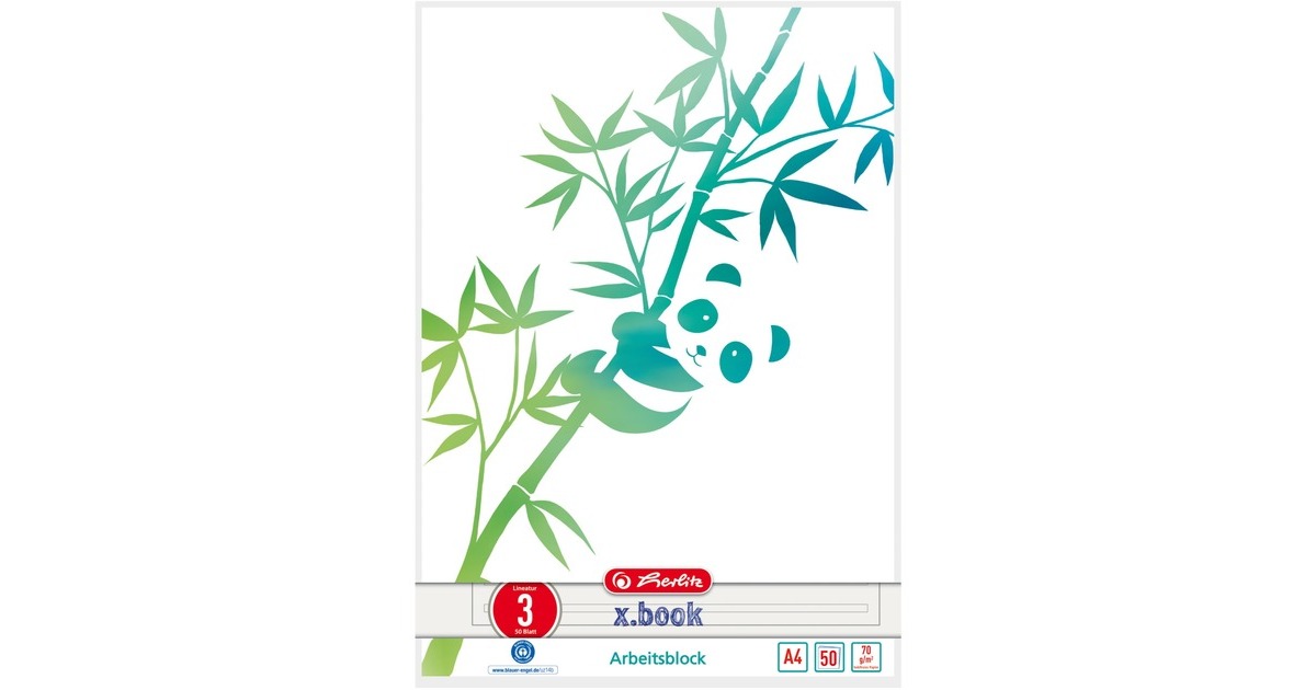 Herlitz Arbeitsblock A4 GREENline 50 Blatt Lineatur 03 Motiv Panda, College Block(liniert, A4)