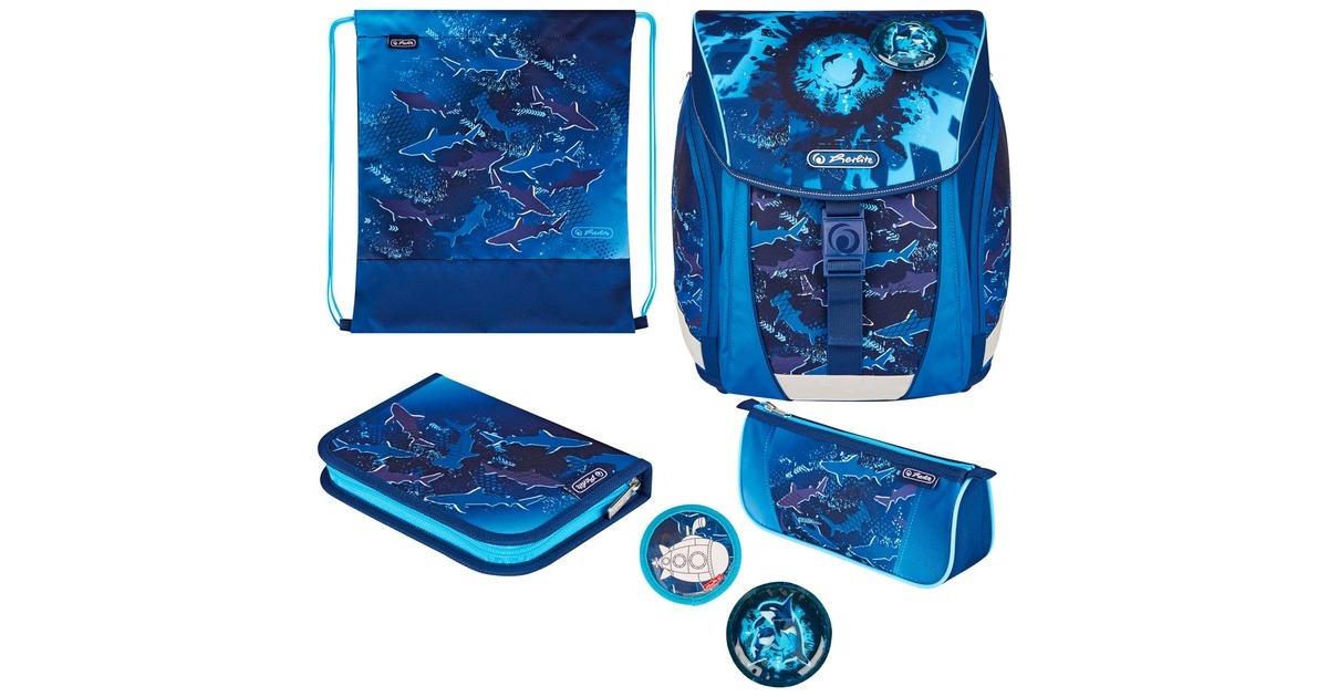 Herlitz FiloLight Plus Deep Sea, Schulranzen(dunkelblau/neon-blau, inkl. befülltem 16 tlg. Schüleretui, Faulenzer-Mäppchen, Sportbeutel)