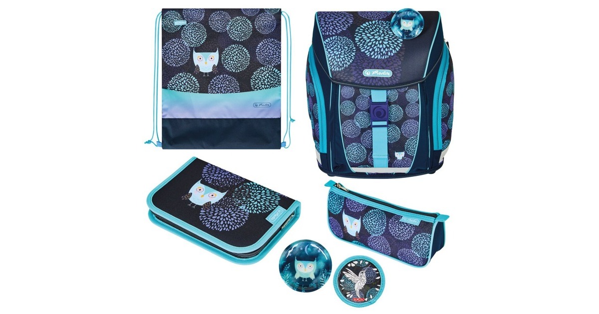 Herlitz FiloLight Plus Flower Owl, Schulranzen(dunkelblau/hellblau, inkl. befülltem 16 tlg. Schüleretui, Faulenzer Mäppchen, Sportbeutel)