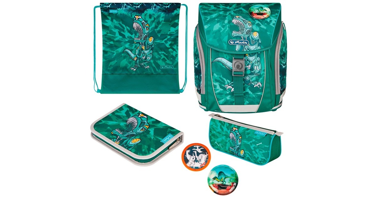 Herlitz FiloLight Plus Heavy Metal, Schulranzen(grün/grau, inkl. befülltem 16 tlg. Schüleretui, Faulenzer-Mäppchen, Sportbeutel)
