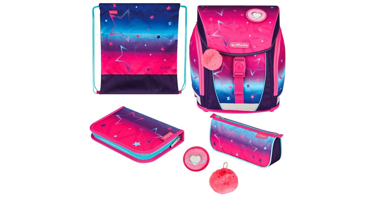 Herlitz FiloLight Plus Pink Stars, Schulranzen(pink/lila, inkl. befülltem 16 tlg. Schüleretui, Faulenzer-Mäppchen, Sportbeutel)