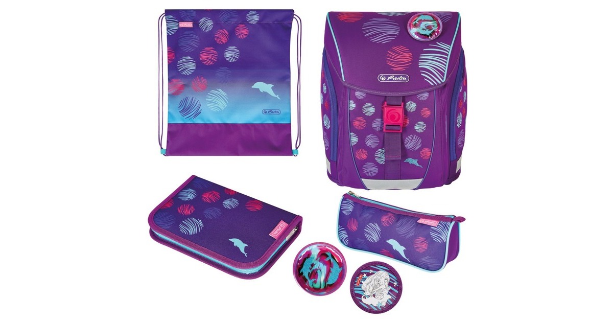Herlitz FiloLight Plus Sea Bubbles, Schulranzen(dunkelblau/violett, inkl. befülltem 16 tlg. Schüleretui, Faulenzer Mäppchen, Sportbeutel)