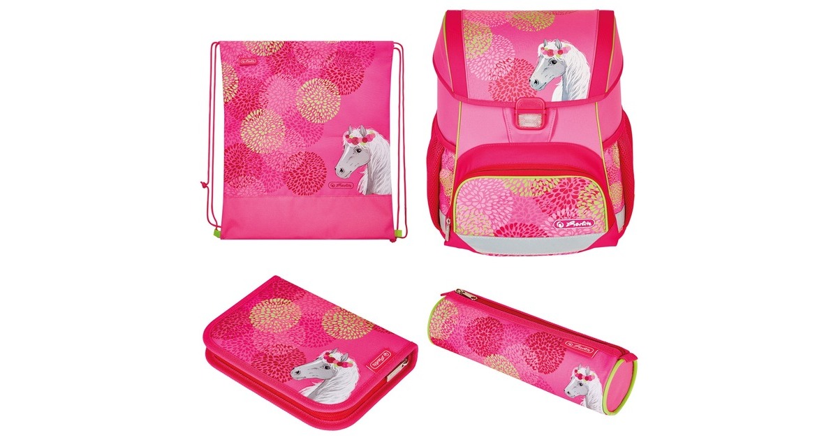 Herlitz Loop Plus Bloomy Horse, Schulranzen(pink, inkl. 16 tlg. Schüleretui, Faulenzermäppchen, Sportbeutel)