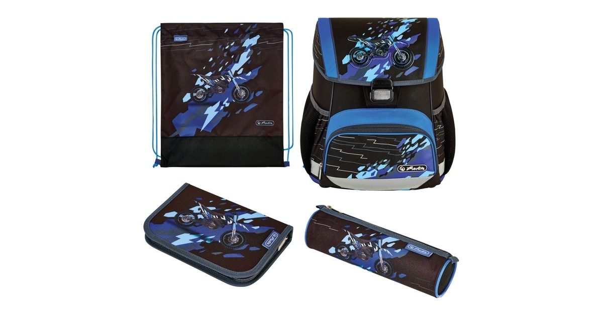 Herlitz Loop Plus CamouCross, Schulranzen(schwarz/blau, inkl. 16 tlg. Schüleretui, Faulenzermäppchen, Sportbeutel)