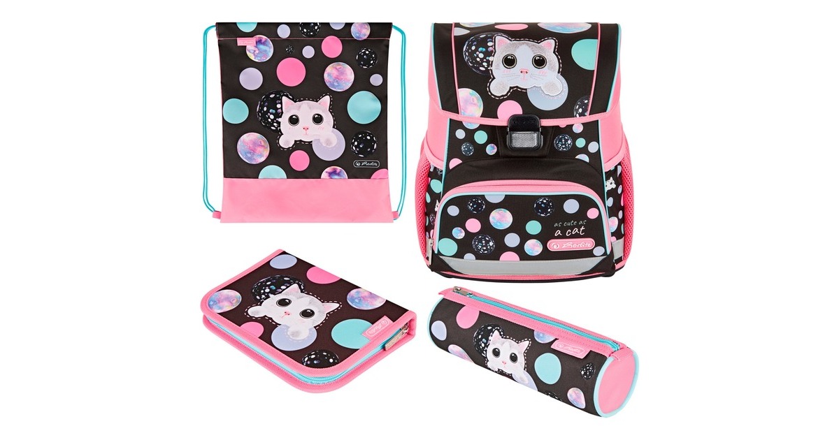 Herlitz Loop Plus Cute Cat, Schulranzen(pink/braun, inkl. 16 tlg. Schüleretui, Faulenzer-Mäppchen, Sportbeutel)
