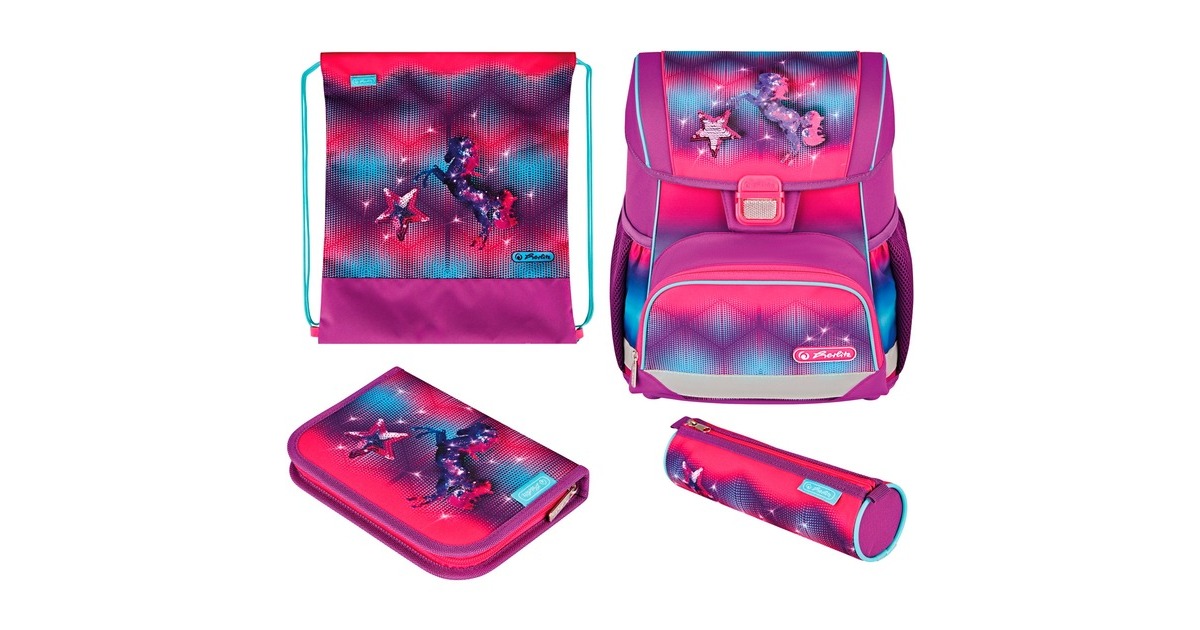 Herlitz Loop Plus Funky Horse, Schulranzen(lila/pink, inkl. 16 tlg. Schüleretui, Faulenzer-Mäppchen, Sportbeutel)